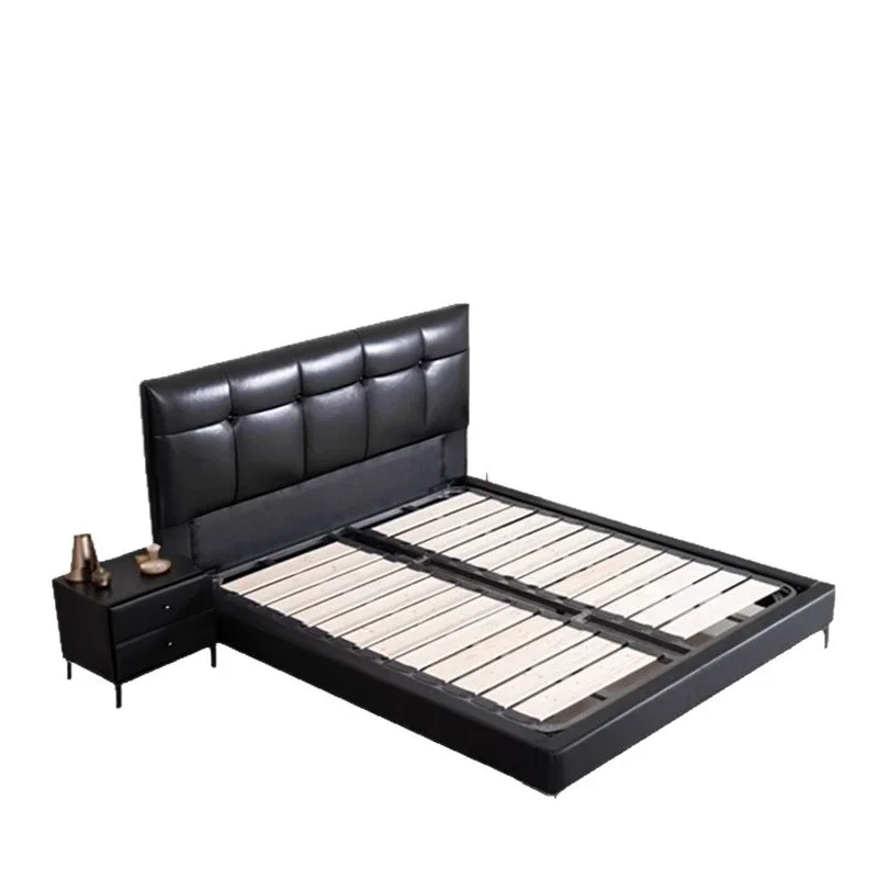 Minimalist thin bedside master bedroom black leather bed modern simple small apartment space saving new soft bag bed