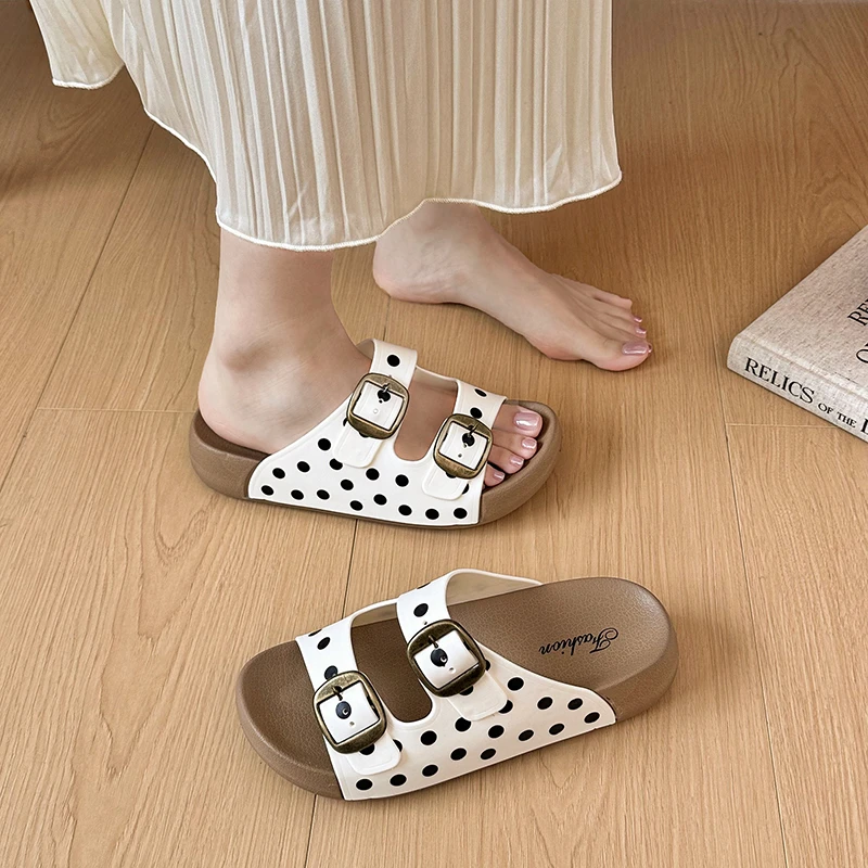 Women's Comfortable Wave Dot Double Buckle Strap Style Thick Sole Mid Heel Slippers Women Vintage Fashionable Sandals Summer New