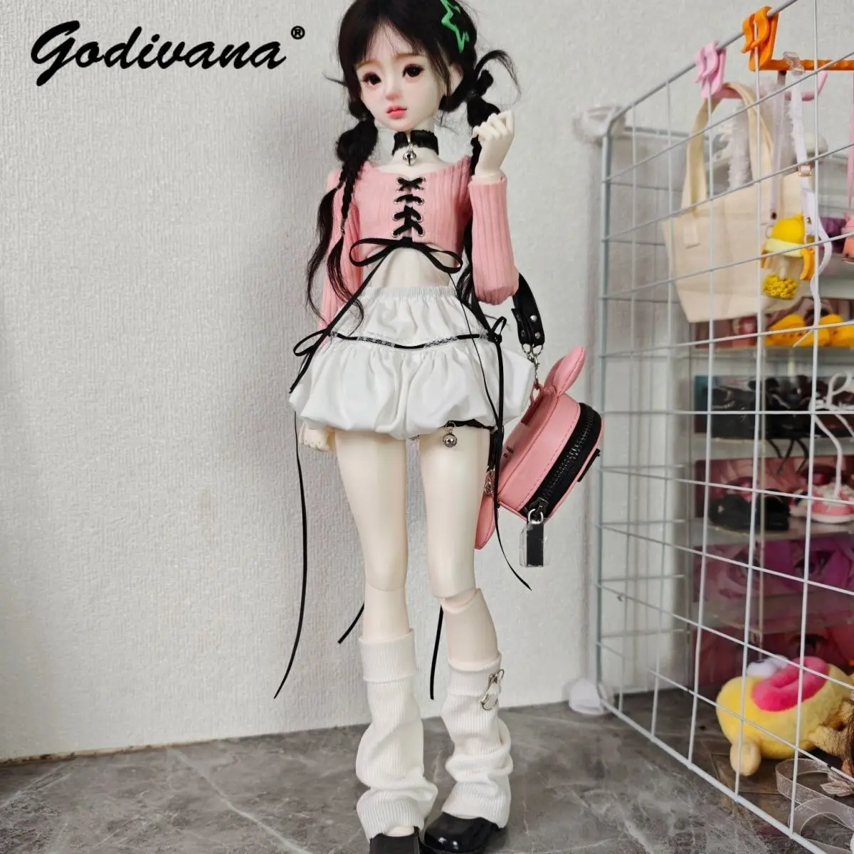 BJD 1/4 Doll Outfit Y2K Sweet Cool Streetwear Set Lace-Up Crop Top and Bubble Skirt with Leg Cover Doll Clothing for 1/4 BJD