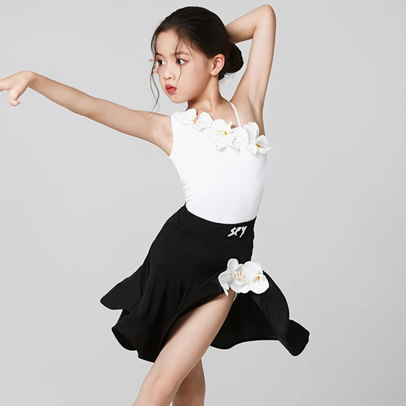

Summer Latin Dress For Girls Stage Show Latin Dance Suit White Leotard With Flower Black High-Slit Skirt Practice Clothes 3818