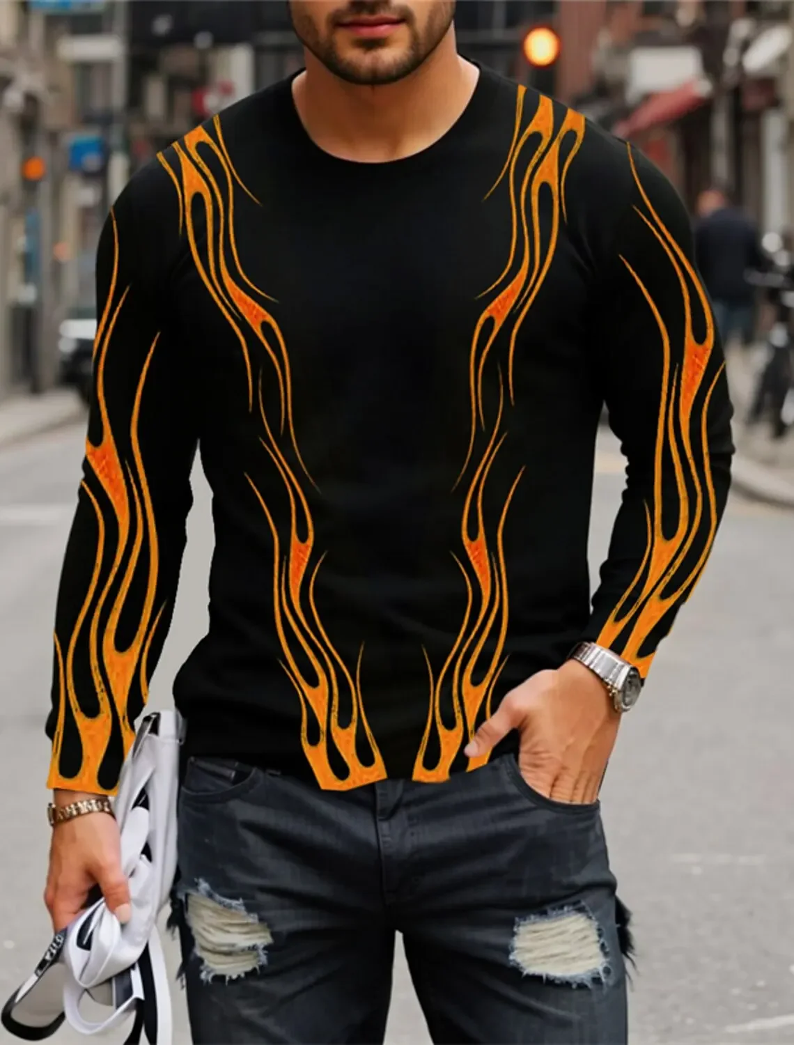 

3D Printed Flame Scratch Pattern Printed Autumn Men's Crew Neck T-Shirt Casual Long Sleeve Oversized Pullover Fashion Tops