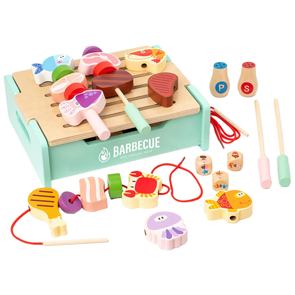 1 set 1 set houten barbecue-grillspeelgoed, gesimuleerde keukenspeelset, kinderen doen alsof kookspeelgoed, voedselbarbecuespeelhuis voor kinderen,