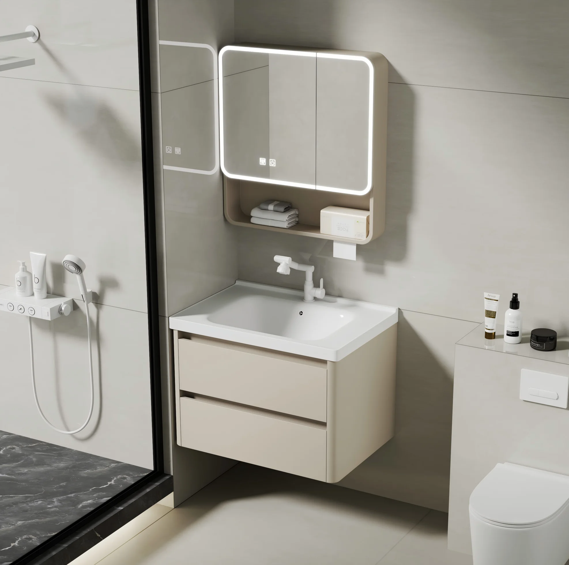 Bathroom CabinetModern Luxury Bathroom Cabinet With Ceramic Basin Wall Hung Vanity Featuring Smart Mirror For Bedroom & Villa Us