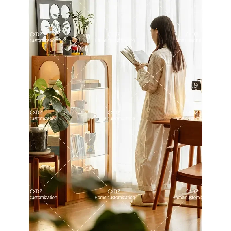 Nordic Solid Wood Display Cabinet Retro Living Room Wall Mounted with Light Dust Proof Transparent Glass Storage for Home