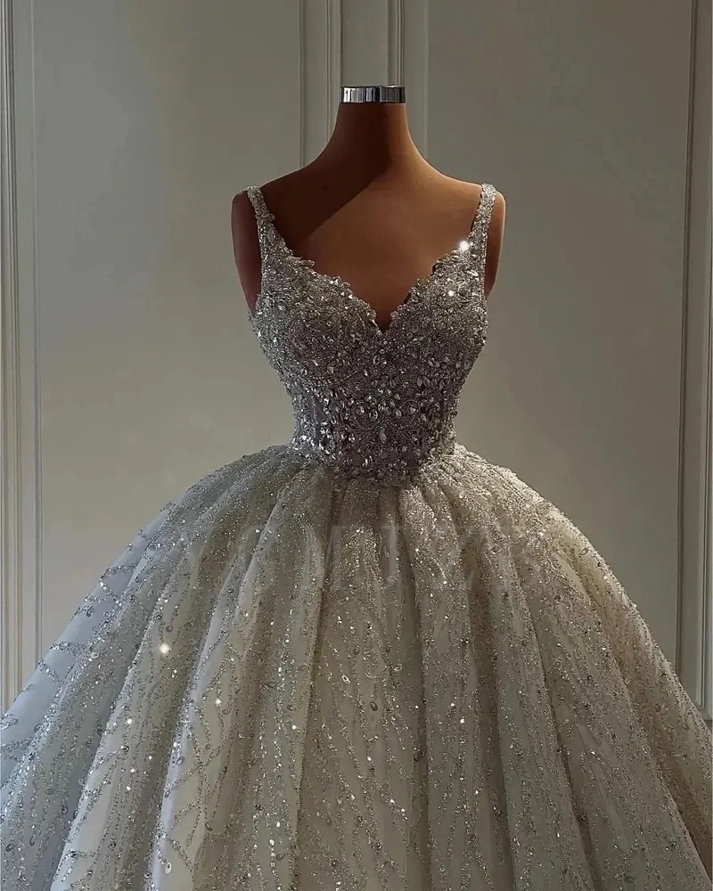Glitter Sparkle Beaded Lace Wedding Dresses Ball Gown Luxury 2026 for Bride V-Neck Bridal Gowns Robe De Mariée Customized