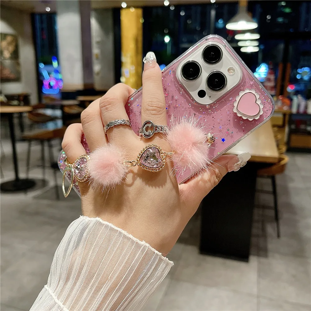 Luxury Glitter Love Heart Plush Bracelet Case For Samsung A05 A05S A15 A14 A24 A34 A54 A13 A23 A33 A53 A32 A52S A51 A71 Cover