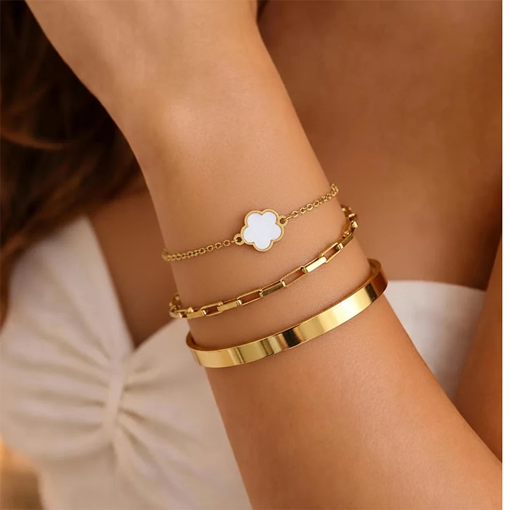 3-Piece Stainless Steel Bracelet Set: Bohemian Minimalist Style Five-Leaf Clover Bracelets – Women’s Jewellery and Gift Set