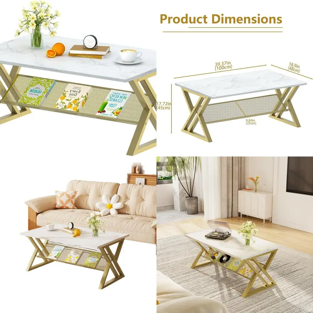 โต๊ะกาแฟทรงสี่เหลี่ยมผืนผ้าลายหินอ่อนเทียมทันสมัย พร้อมชั้นวางของและโครงโลหะสีทอง สำหรับห้องนั่งเล่นและโฮมออฟฟิศ