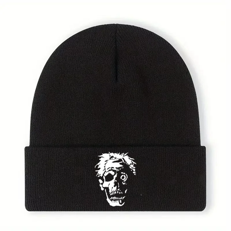 1pc Death Scream Bloody Gore Black Cool Knitted Hat, Windproof Warm Stretchy Ski Beanie, Unisex Style, Printed Brimless Cap
