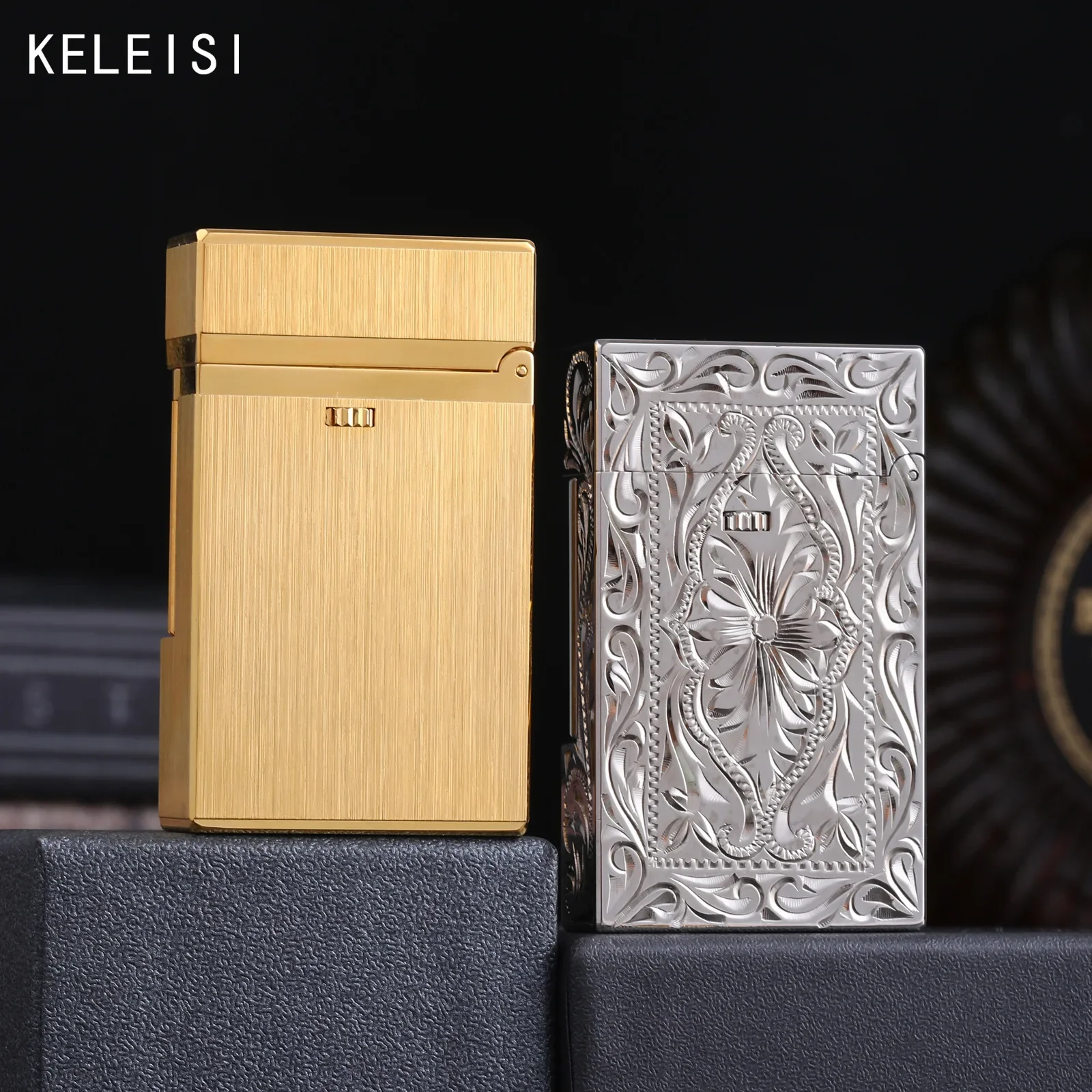 KELEISI Metal Double Fire Lighter Retro Style Loud Voice Grinding Wheel Gas Lighter Smoking Cigarette Accessories With Gift Box