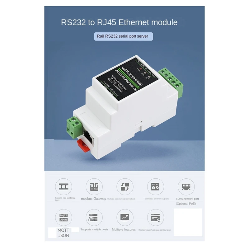 

Waveshare Industry Rail Type Serial Server RS232 To RJ45 Ethernet Module 300-115200Bps TCP/IP To Serial Module