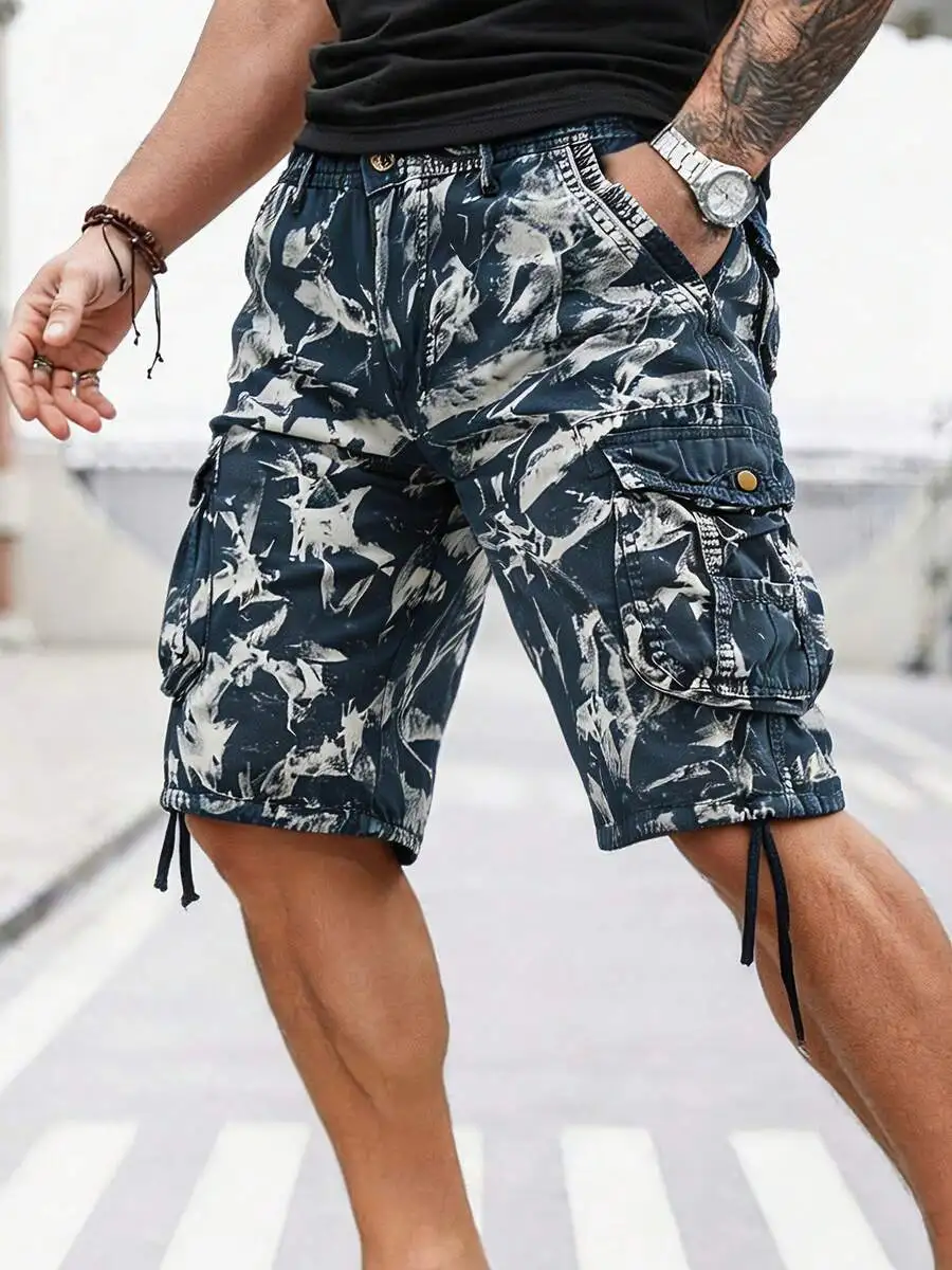Mens Cotton Cargo Shorts Tie-Dye Print Multi Pockets Casual Outdoor Utility Shorts Summer