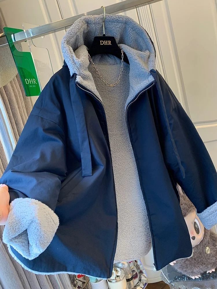 

Large Size 300 Pou Double-Sided Wear Lamb Fur Hooded Jaet Men's Winter Loose Thi Warm Cotton Coat Korean Sle Zipper