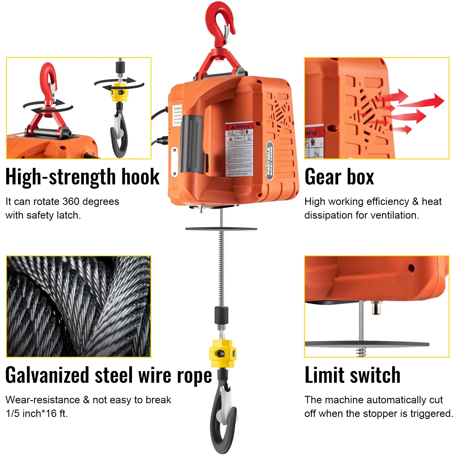 3-in-1 Electric Hoist Winch 500kg Portable Electric Winch, 1500W Power Winch Crane, 25ft Lifting Height, w/Wire and Wireless