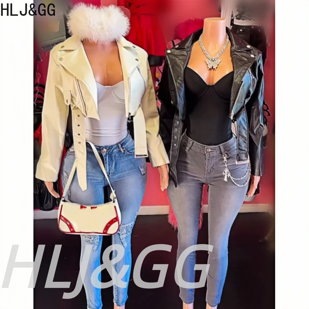 HLJ & GG سترة جلدية ربيعية للنساء مع طية صدر السترة وأكمام طويلة وسحاب معاطف قصيرة فضفاضة موضة ملابس نسائية متينة ملابس الشارع الشهير 2026