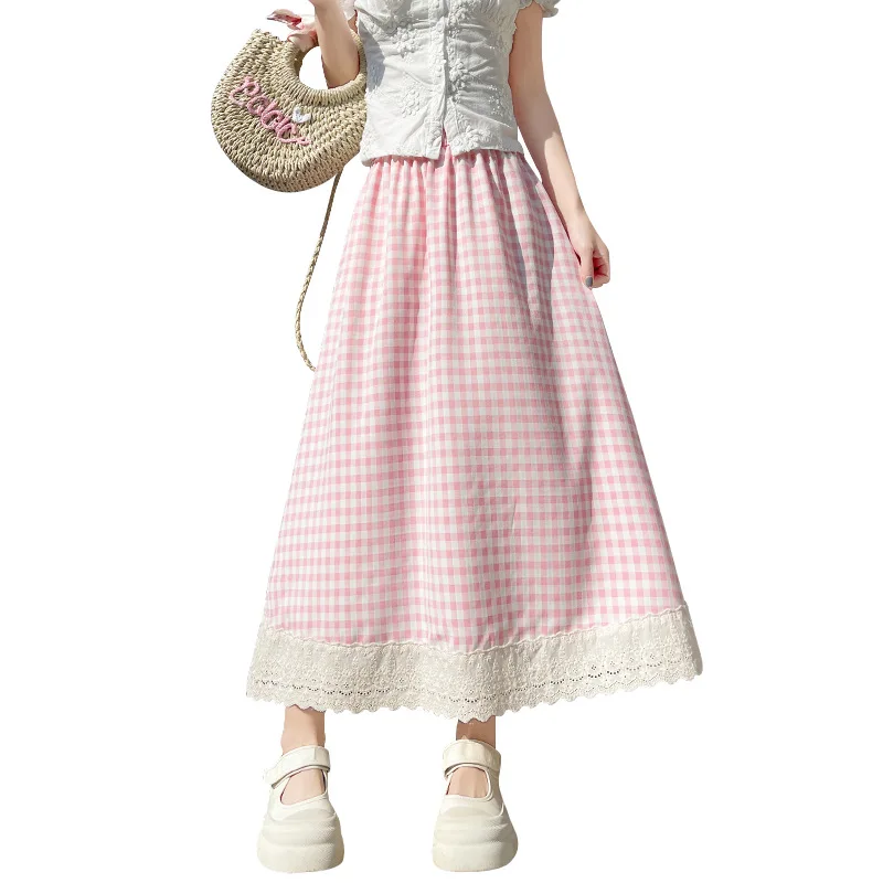 Лесной стиль, клетчатая юбка-миди в студенческом стиле с кружевной отделкой, летняя женская винтажная повседневная юбка средней длины, кружевная лоскутная юбка трапециевидной формы