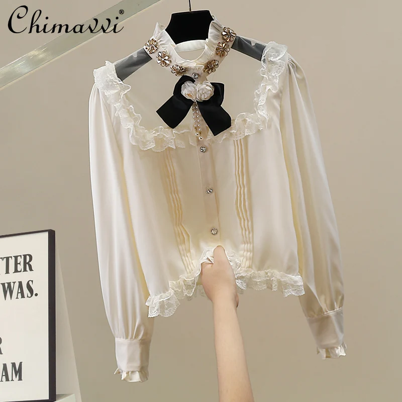 

Осенняя одежда 2025 года, новая высококачественная элегантная рубашка с длинными рукавами со стразами, корейские модные женские топы из плотного кружева в стиле пэчворк