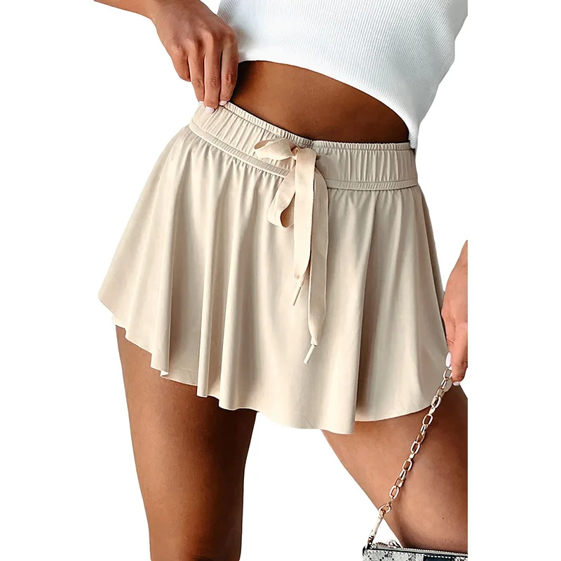 2025 Summer Solid Pleated Slim Casual Culottes Women Elastic High Waist Drawstring Patchwork Fashion Versatile Streetwear Skirt