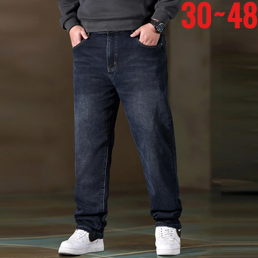 

Extra Plus Size 48 Men's Baggy Jeans Straight Leg Fit Denim Pants Male Loose Stretch Classic Large Big Cowboy Trouser 45 Elegant
