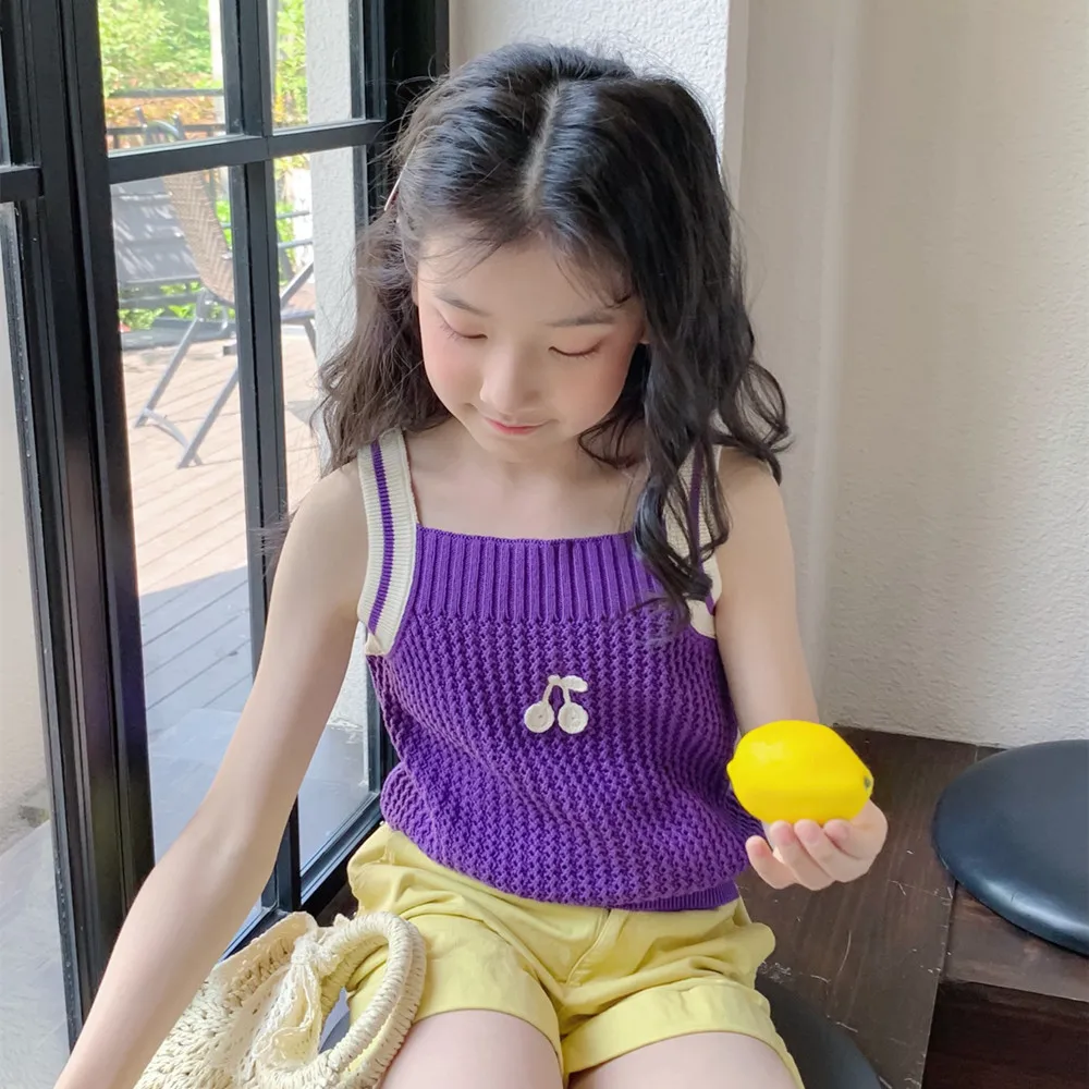 baby girl clothes summer tops girls clothes Purple Knitted Strap Handmade cherry patterned crochet sweet top