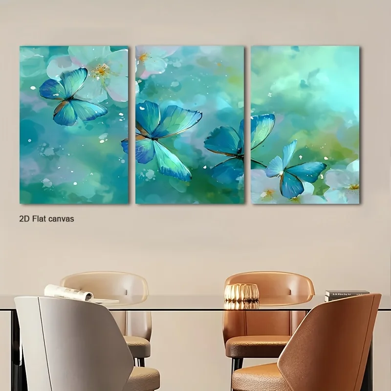 Frameless Canvas [2D Flat] Set Of Three Turquoise And Soft Bloom Canvas Artworks, Framed And Ready For Display, Ideal For De