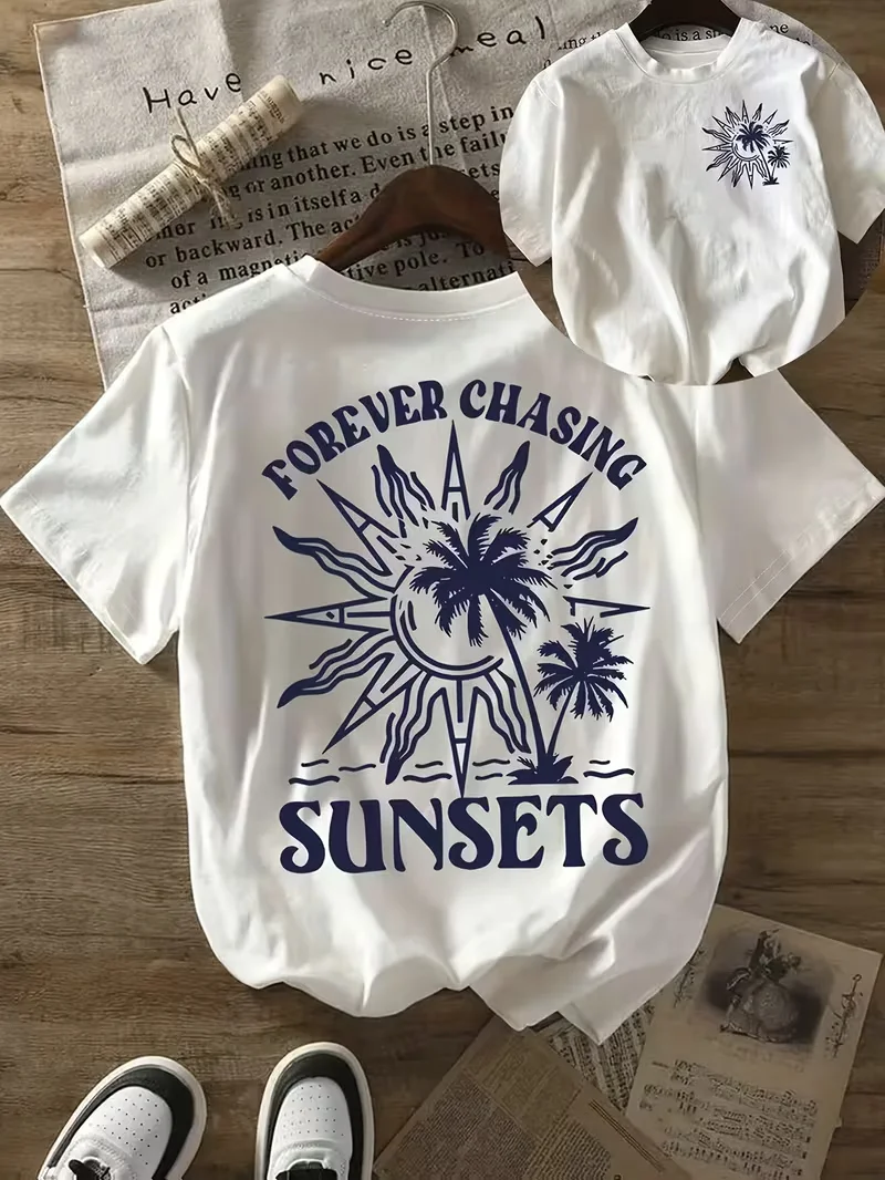 Camiseta con estampado Sunset Chasing, camiseta holgada con estampado en la parte delantera y trasera para mujer, camisa informal de gran tamaño, ropa diaria, talla grande, top de moda fácil de llevar
