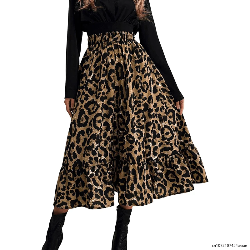 

Female Midi Skirt Adults Leopard Flower Print High Waist Ruffle Skirt Summer Dress for Women