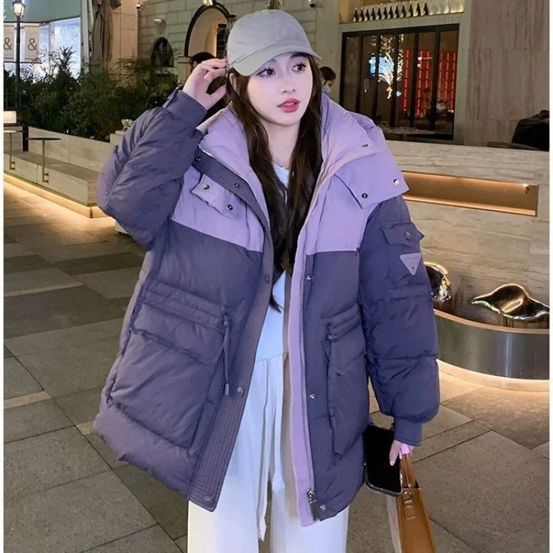 Long Puffer Jacket for Women, Thick Coats, Windproof, Warm, Color, Clash, High Street, New, Winter, 2024