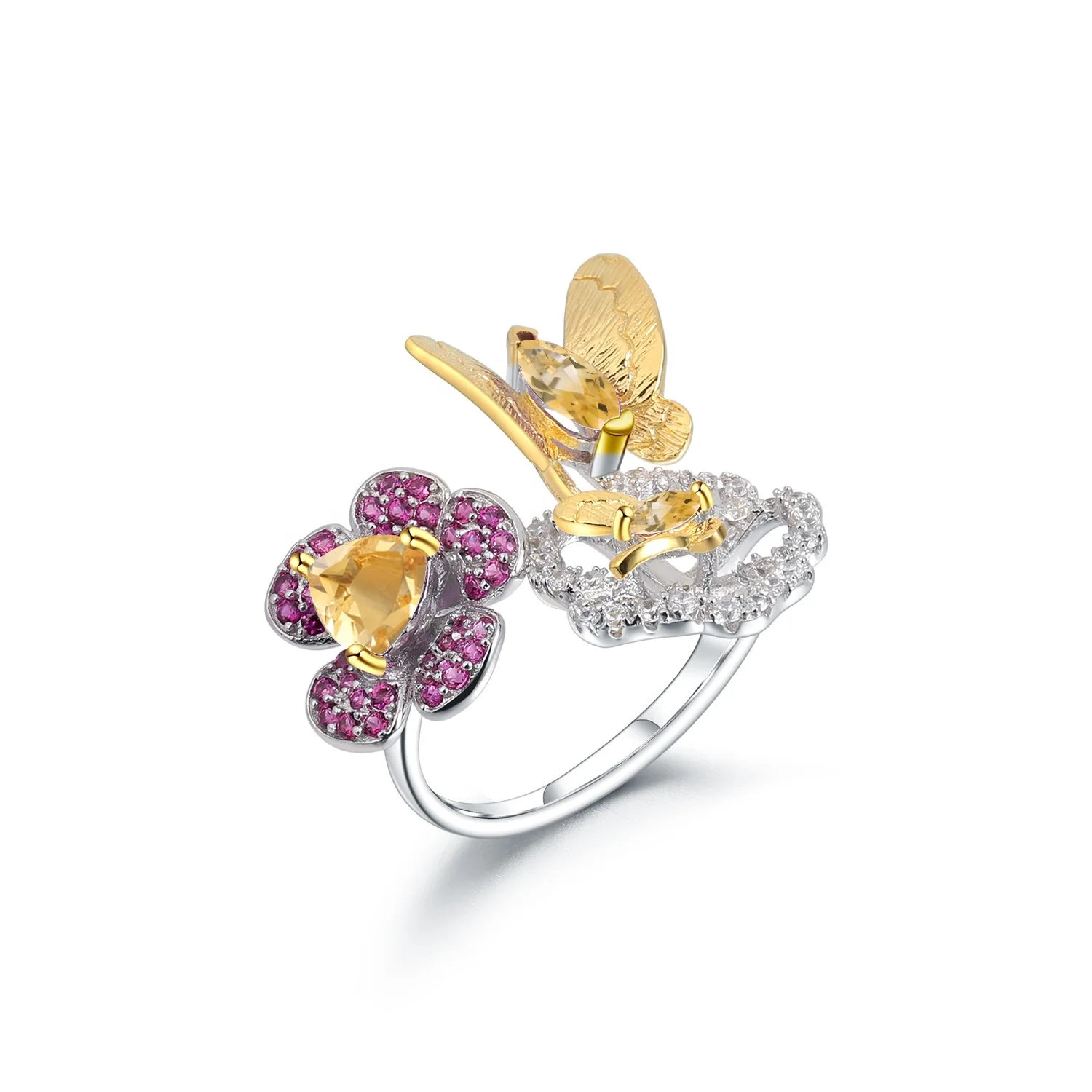 

Abiding Gold Plated Butterfly Natural Citrine Gemstone 925 Sterling Silver Flower Jewelry Open Rings For Women Wedding