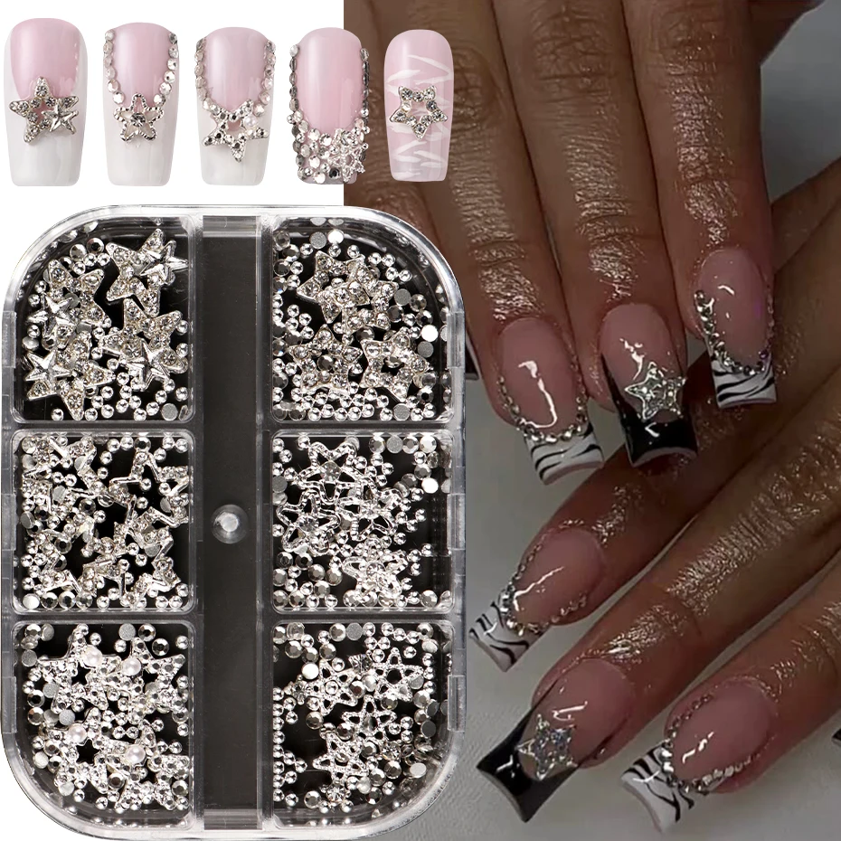 6-Gürtel, goldene, silbrige Metallschleife, Knoten und Stern, Nageldekoration, niedliche Schleife, Punk-Stern mit kleinem Stahlkugel-Design, DIY-Nageldekoration – Detail 3