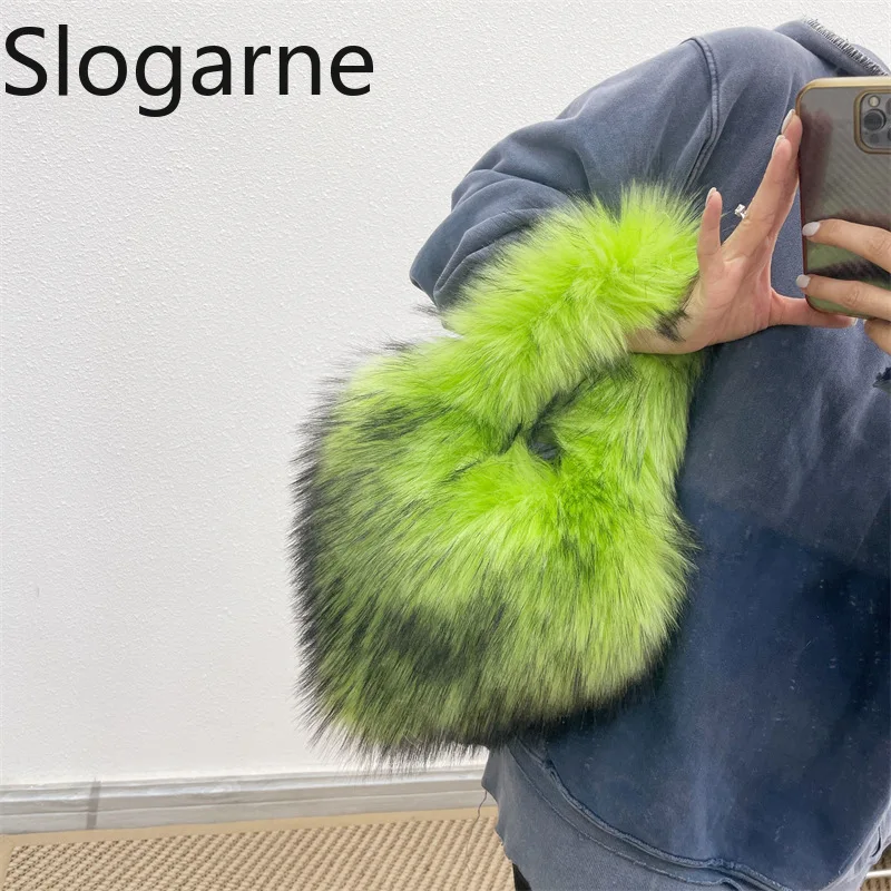 موضة رقيق حقائب اليد المرأة الفاخرة الفراء حقائب الفتيات فو الفراء حقيبة كتف لطيف فروي الحب الشتاء الفراء حقيبة محفظة مصمم جديد