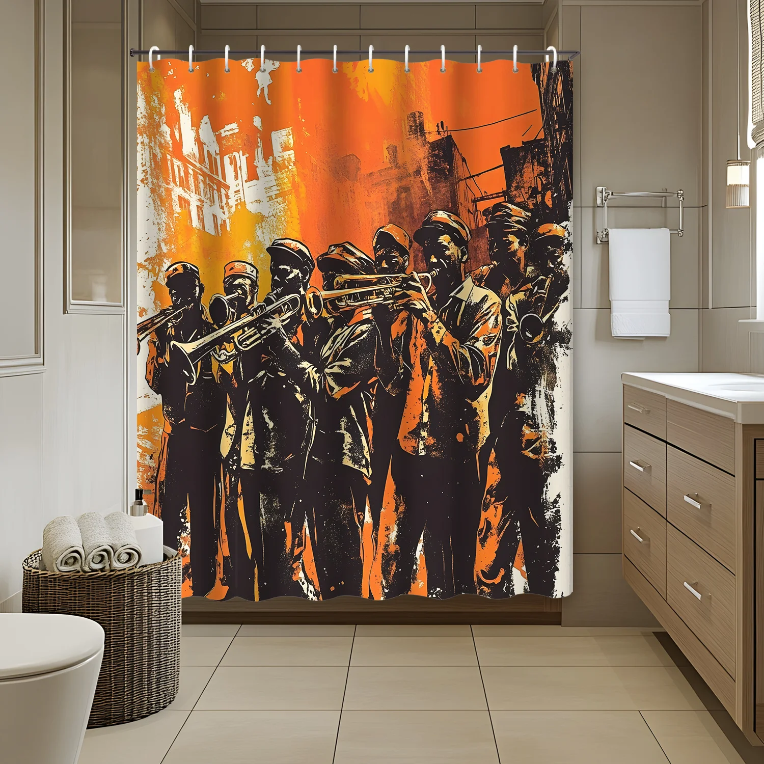 

1 шт., абстрактные креативные городские уличные люди, играющие в музыкальные инструменты, занавеска для душа с принтом, занавеска для перегородки, полиэстер