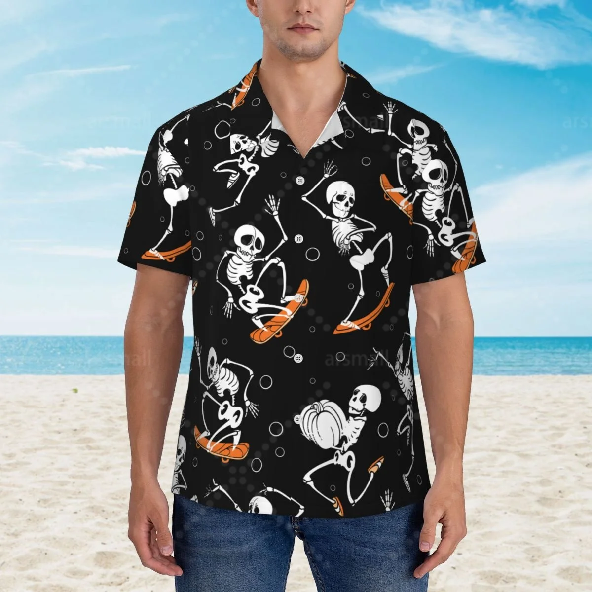

Skull Printed Hawaiian Shirt Men Short Sleeve Casual Floral Print Beach Shirt Summer Vacation Shirt