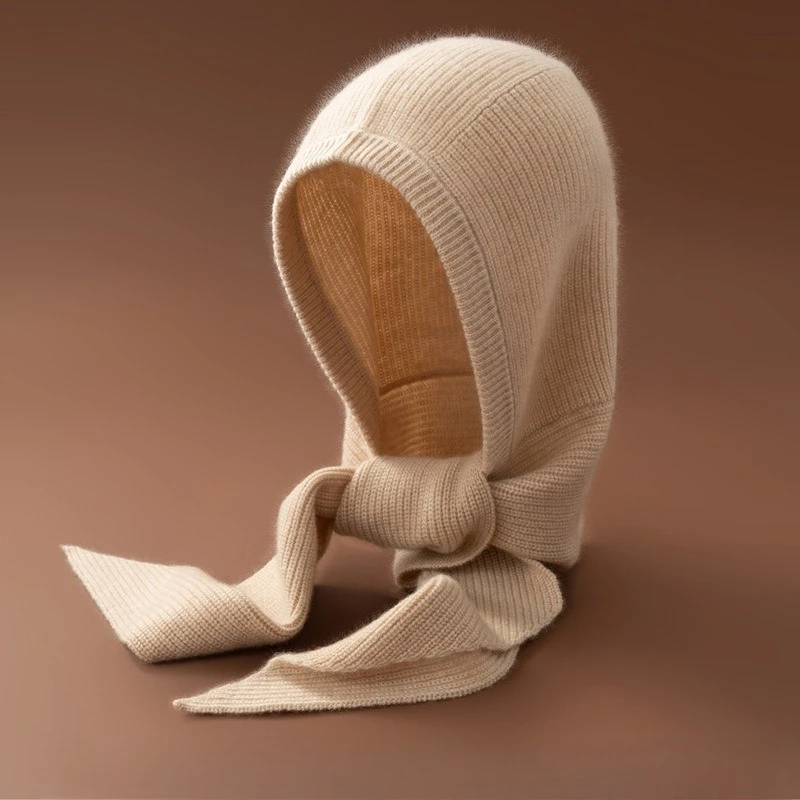 Women Knit Hooded Scarf Hat 2 In 1 Solid Color Tie Strap Knitted Balaclava Windproof Neck Warmer Casual Autumn Winter Headwear