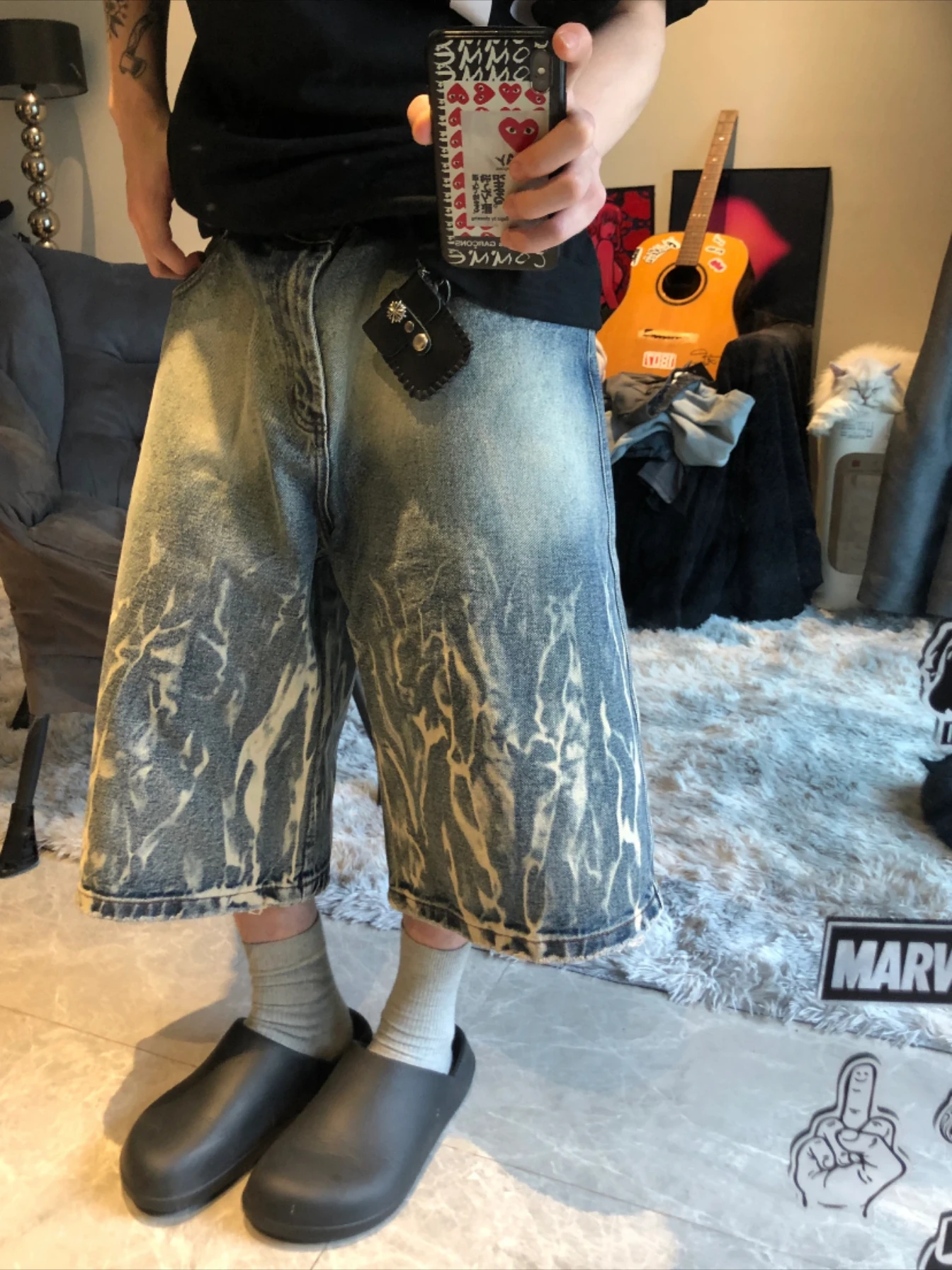 

American Street Sle Lightning Waed Denim Seven-Foot Pants ex Casual Wide Leg Over-Knee Mid-Pants Youth Summer Straigh...