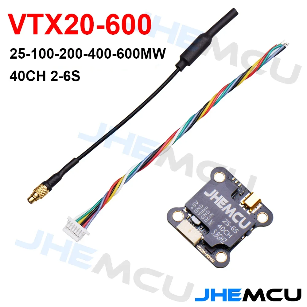 

JHEMCU VTX20-600 5,8G 40CH передатчик PitMode 25mW 100mW 200mW 400mW 600mW регулируемый VTX 7-26V 20x20mm для RC FPV гоночного дрона