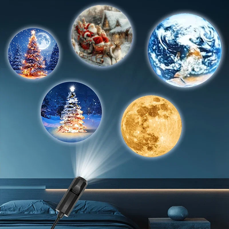 2025 Christmas Tree Projector Lamp USB Powered Rotating Base with Varied Designs LED Light for Bedroom Wall Holiday Decor