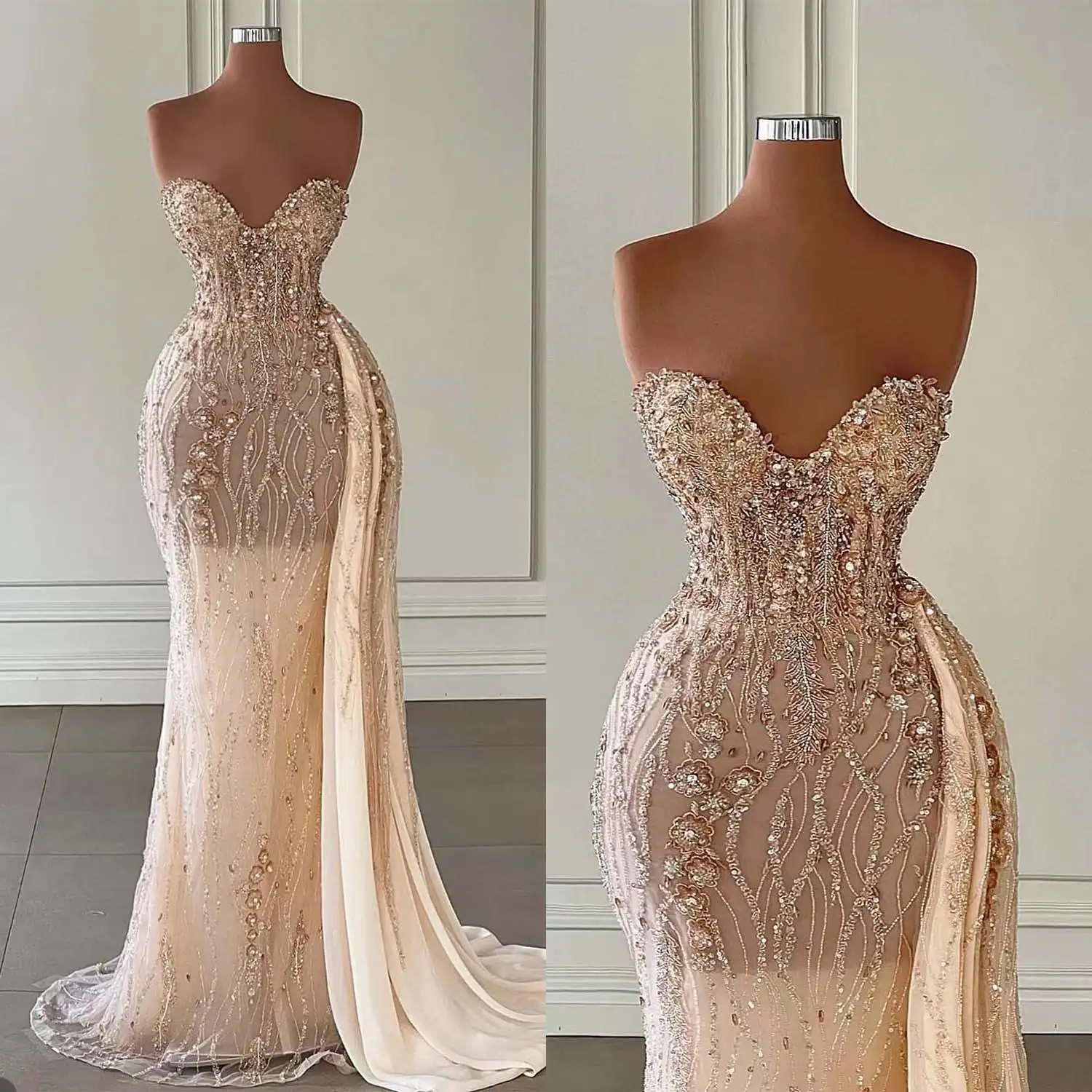 

Exquisite Sequins Evening Dresses Sweetheart Strapless Tailing Mermaid Prom Gowns Crystal Beadeds Dinner Party Customized