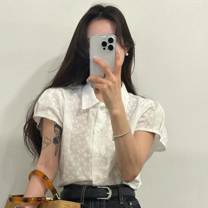 

Spring Summer 2026 Chic Hollow out Pure Cotton Embroidered Short Sleeve Women's Shirt Slimming Top Trendy Cotton Polyester
