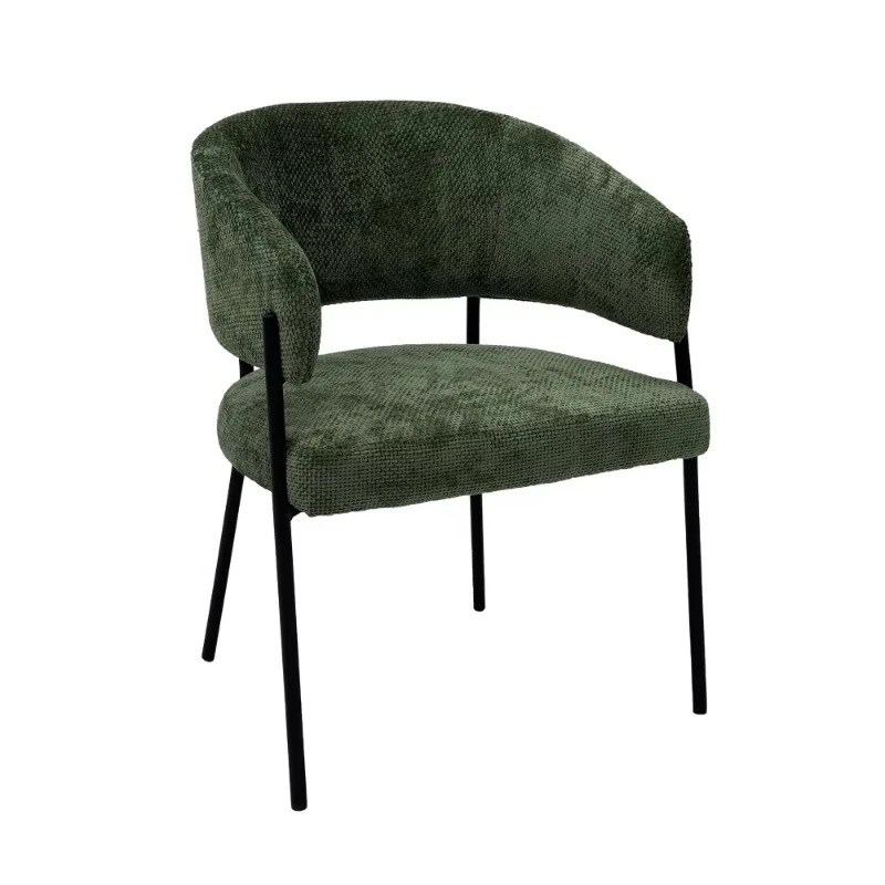 

Modern curved backrest green textured fabric dining chair with black metal legs, suitable for restaurants and hotels