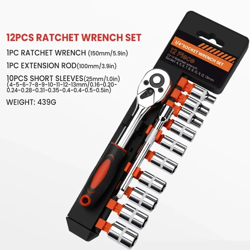 Socket Wrench, 12 Piece Set of Multifunctional Tools, Ratchet Quick Maintenance Car Set, Ratchet Quick Wrench Combination