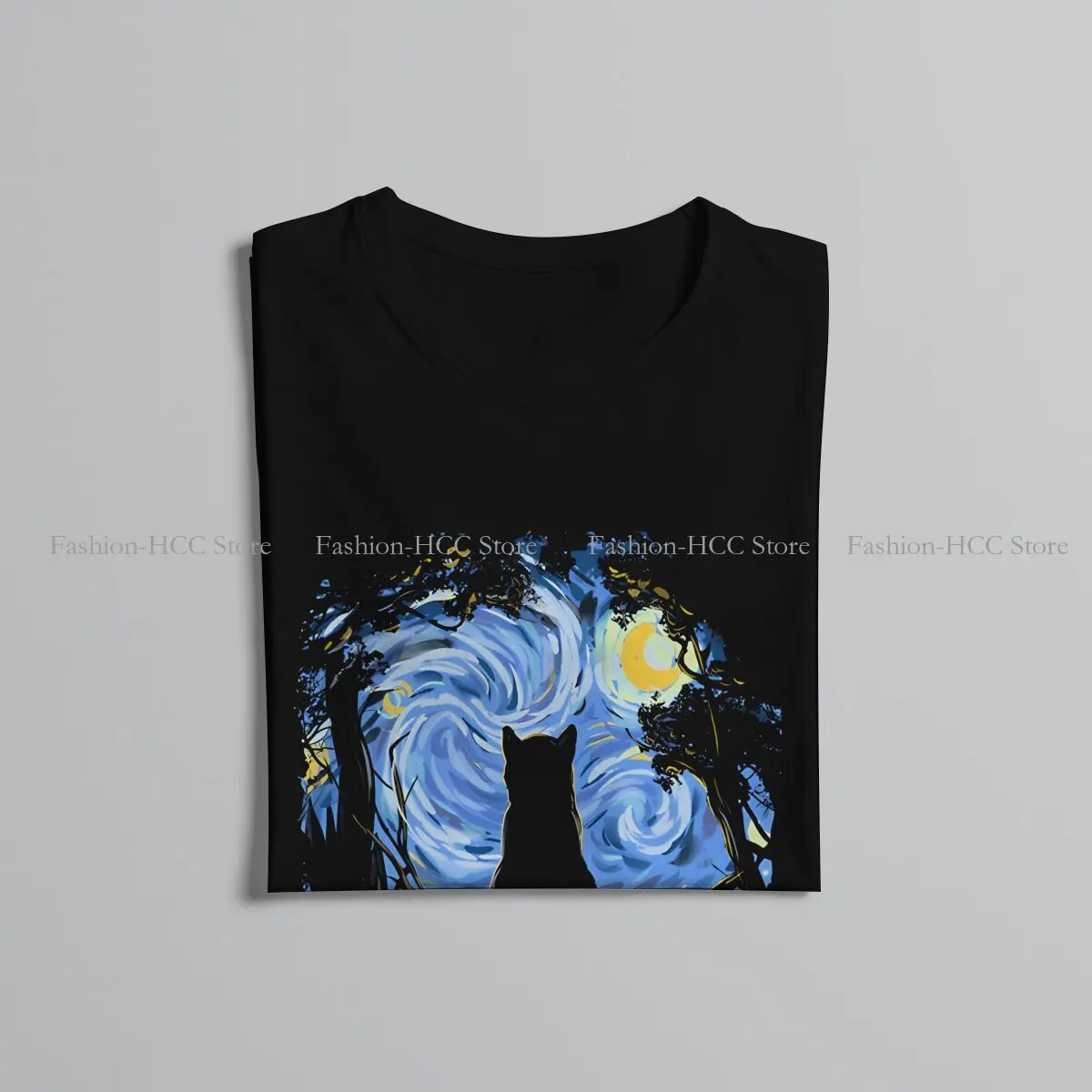 Van Gogh Starry Night Fashion TShirts Black Cat Male Style Fabric Streetwear T Shirt