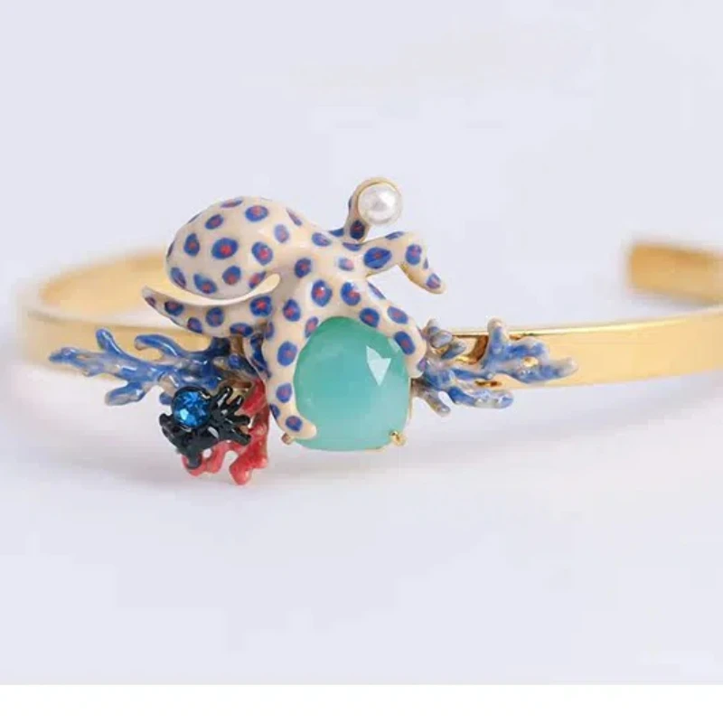 Bonito ins estilo oceano série esmalte polvo azul opala pedra quadrada personalidade melhor amigo temperamento pulseira aberta