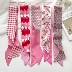 2024 New Bright Colorful Pink Design Women Silk Scarf Luxury Fashion Hairband Small Long Ribbon Bag Scarves Foulard Headscarf