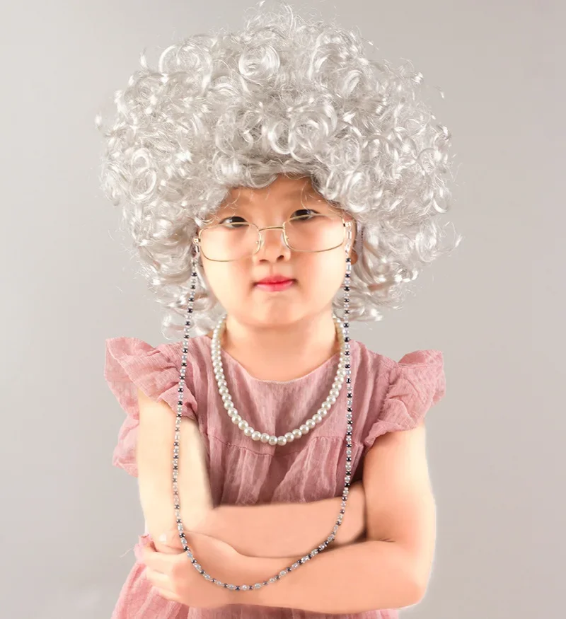 Halloween  Great grandma cosplay older performance costume Kid Halloween wig necklace eyeglass