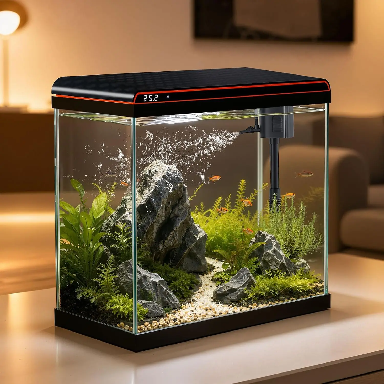 5 Gallon Fish Tank, 100% Glass Betta Small Fish Tank, Self-Cleaning Water Pump & 3-Color Light with Water Temperature