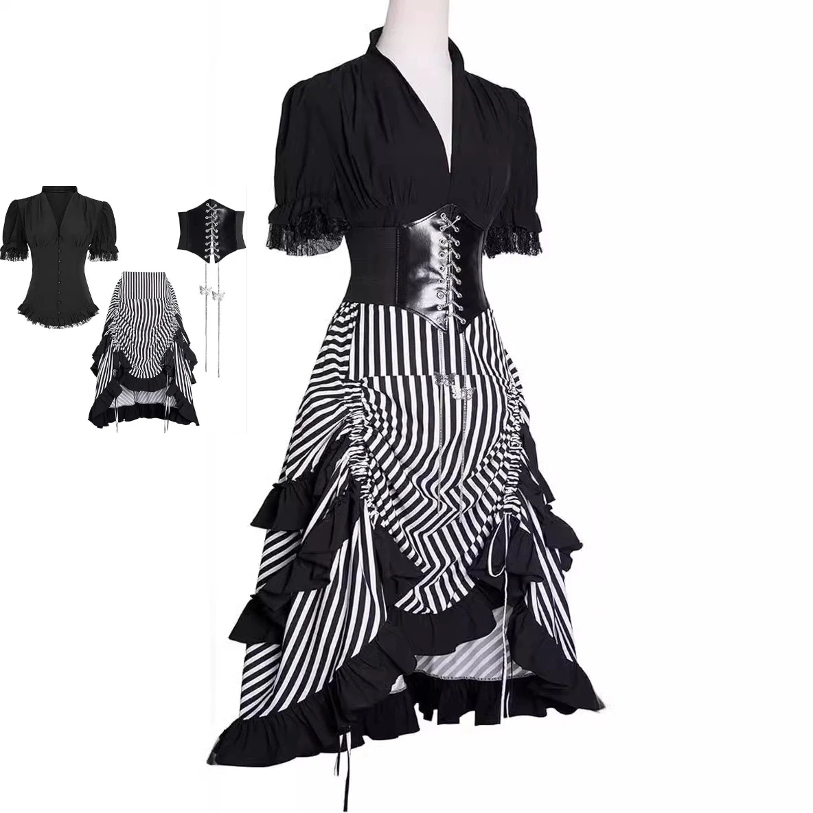 

Medieval Retro Striped Pirate Dress, Women's Steampunk Dress, Gothic Shirt Dress Set, Halloween Retro Dress