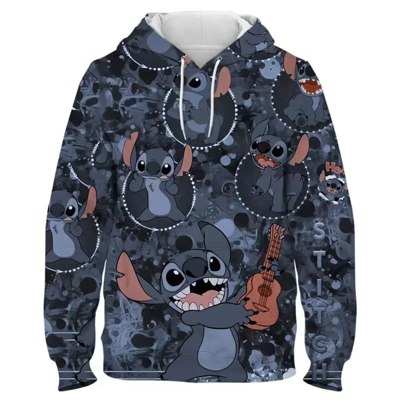 MINISO Disney Classic Boy Cartoon Cute Animation Stitch 3D New Printed Sweater Hooded Long Sleeve Top New Loose Pullover Clothes