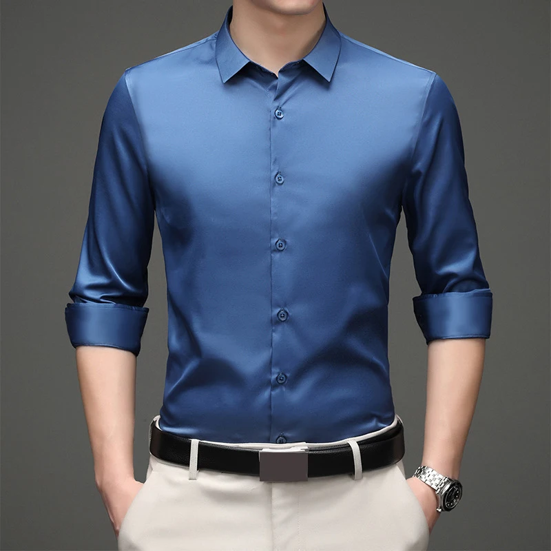 Men\'s White Blue Yellow Red High Quality Shirts Spring New Regular Fit Long Sleeve Shirt Men Formal Wedding Elastic Shirt Male