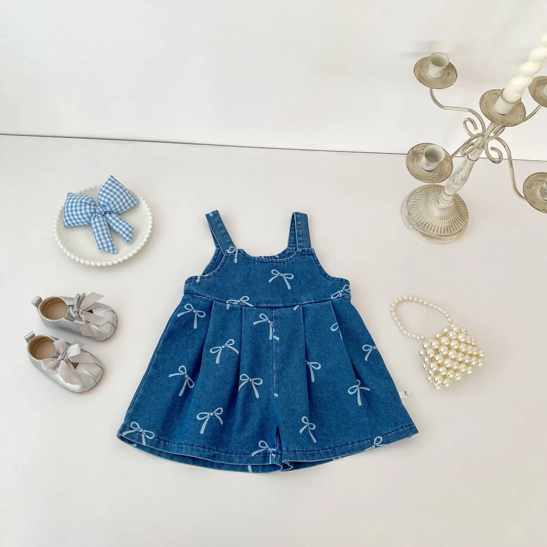 Infant Baby Girls Bow Print Denim Overall Shorts Spaghetti Strap Loose Jumpsuit Breathable Summer Casual Toddler Play Outfit